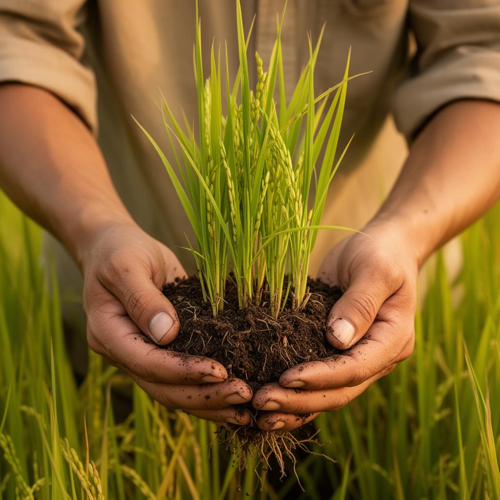 Hands holding fresh rice paddy seedlings with soil